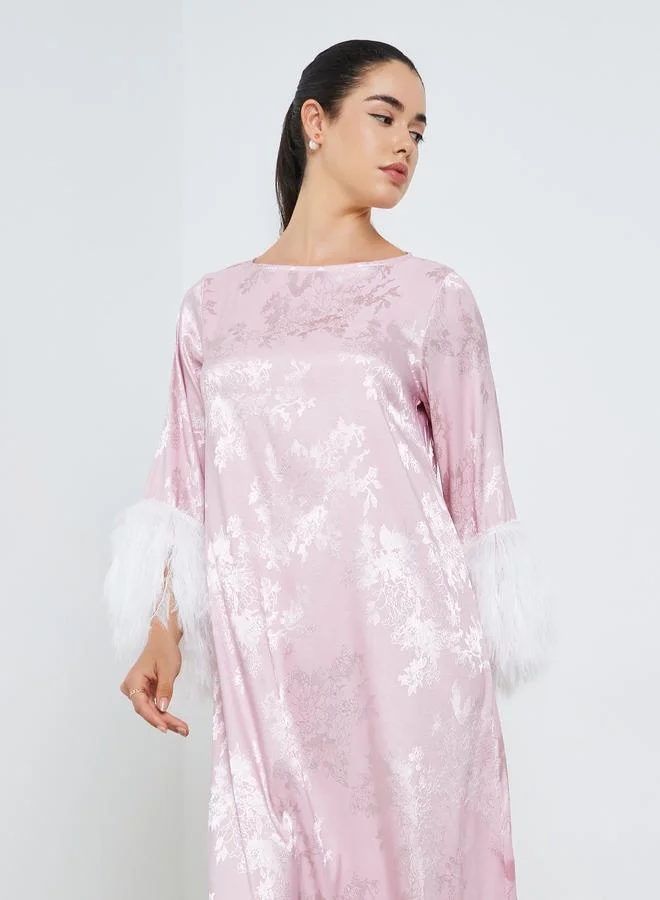 Amirah Women Jacquard Jalabiya with Faux Feather Trim